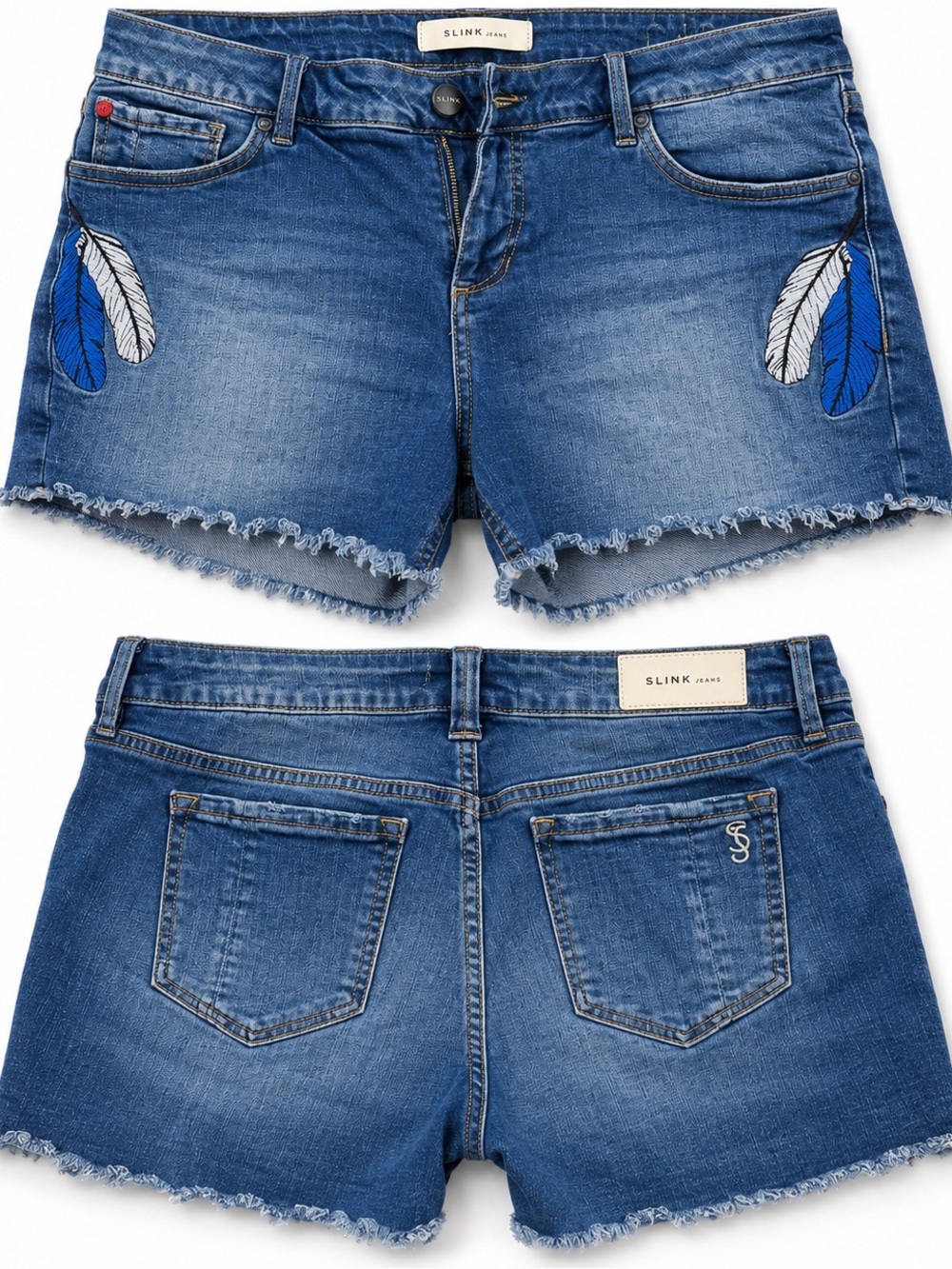 Women's Blue Denim Feather Embroidered Cutoff Shorts